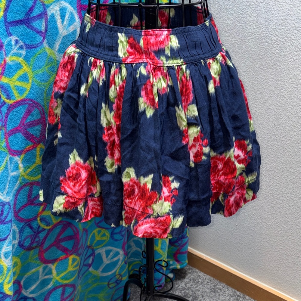 Floral Navy Mini Skirt with Pink and Red Rose Watercolor Print